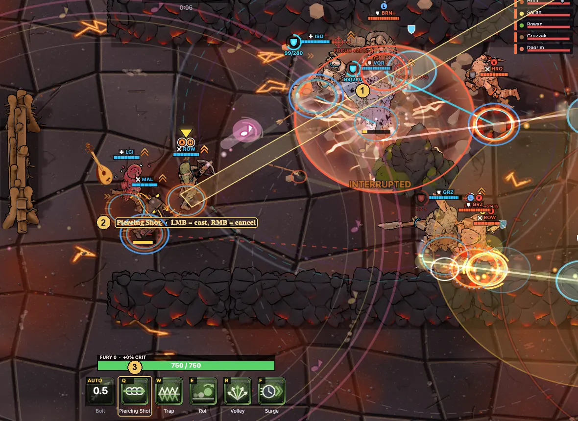 Aim preview of a skillshot: a long band from the hero toward the cursor and the hint LMB = cast, RMB = cancel.