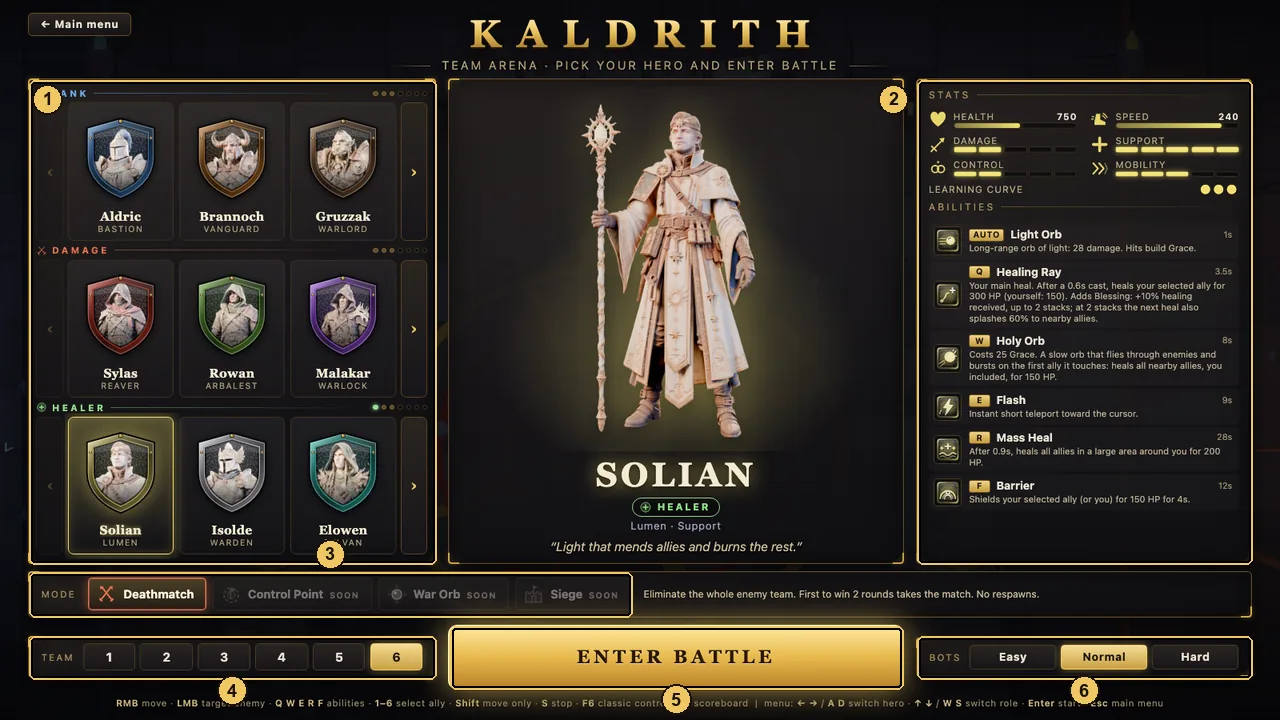Hero selection screen with the healer Solian selected, hero list by role, ability list, mode, team size and bot difficulty.