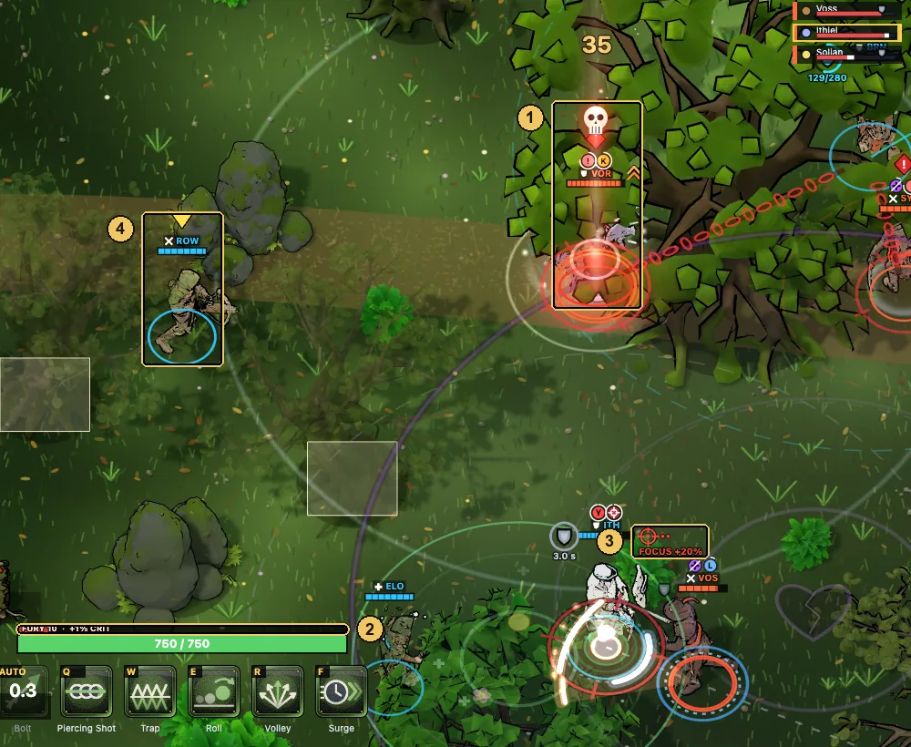 An archer has put a skull and a red beam on an enemy knight. Below, an ally carries a FOCUS +20% marker.