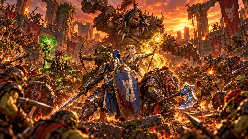 Horde mode: heroes fighting a goblin warband