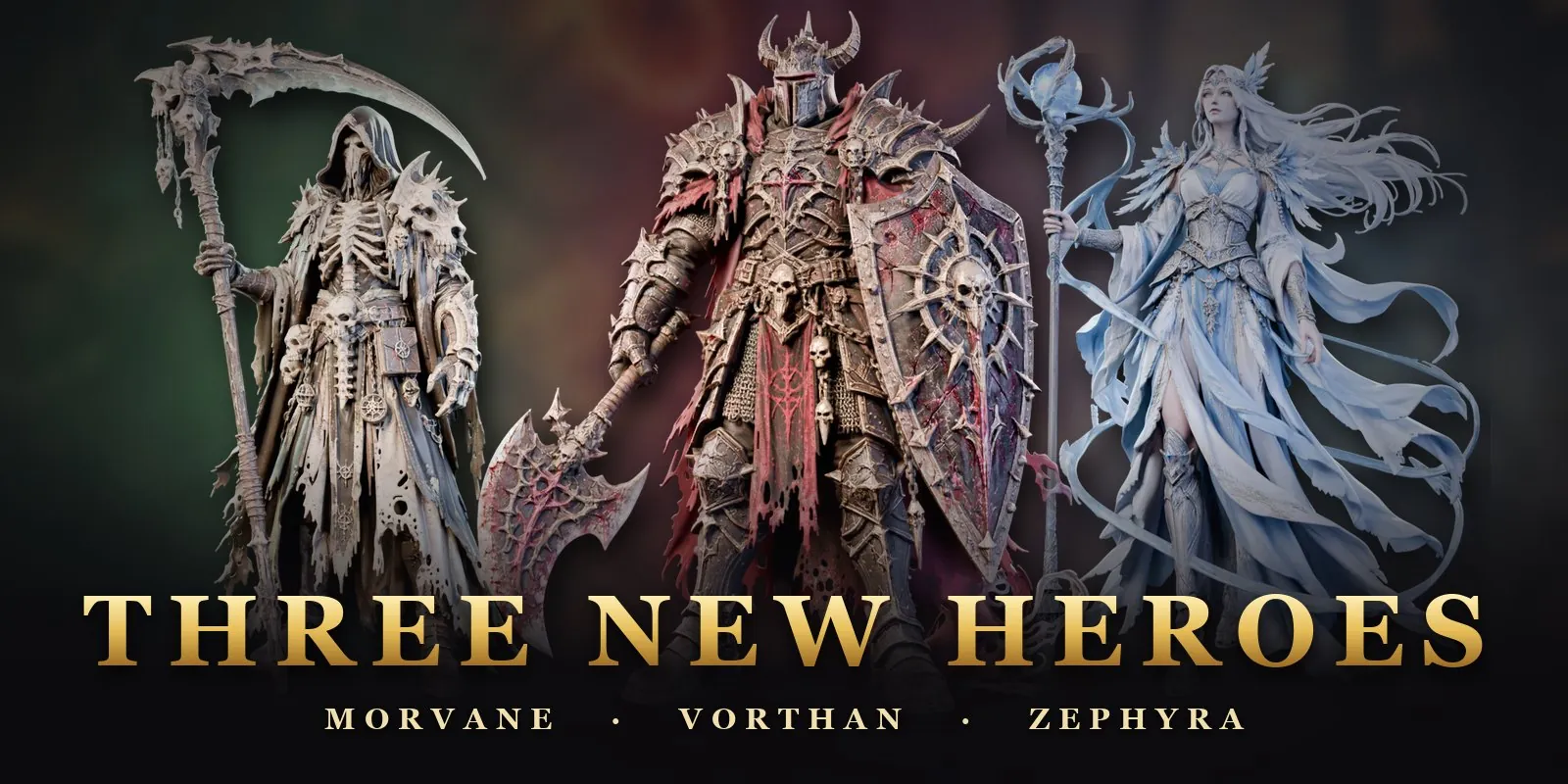 Three new heroes: Morvane the Necromancer, Vorthan the Dark Knight and Zephyra the Windcaller.